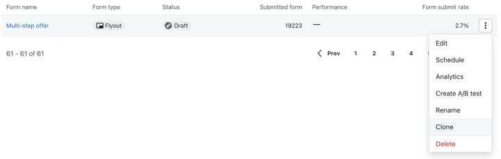 The 3dots dropdown open next to an example form on the Sign-up forms list page showing the Clone option selected.