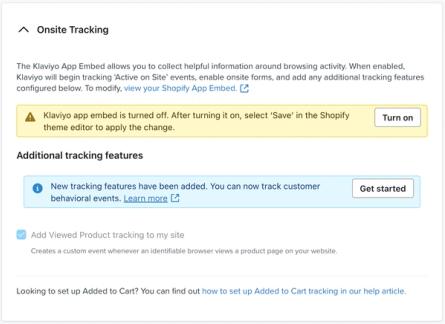 The Onsite tracking section of an example account's Shopify Integrations settings page showing a yellow banner stating that the app embed is turned off.