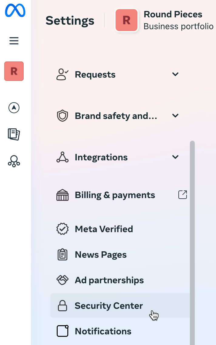 Security Center tab in Business Settings