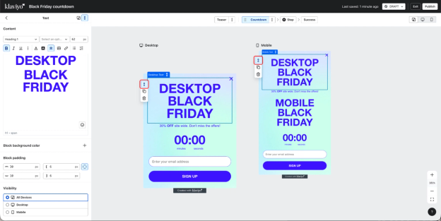 The image showing the Klaviyo forms editor showing the outcome of relinking a block from the desktop view
