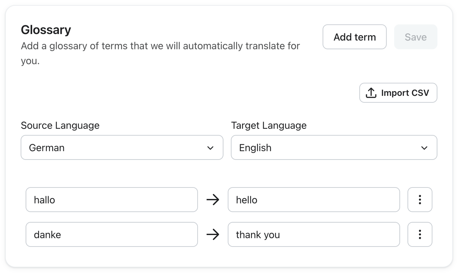 Glossary panel with "Import CSV" button highlighted