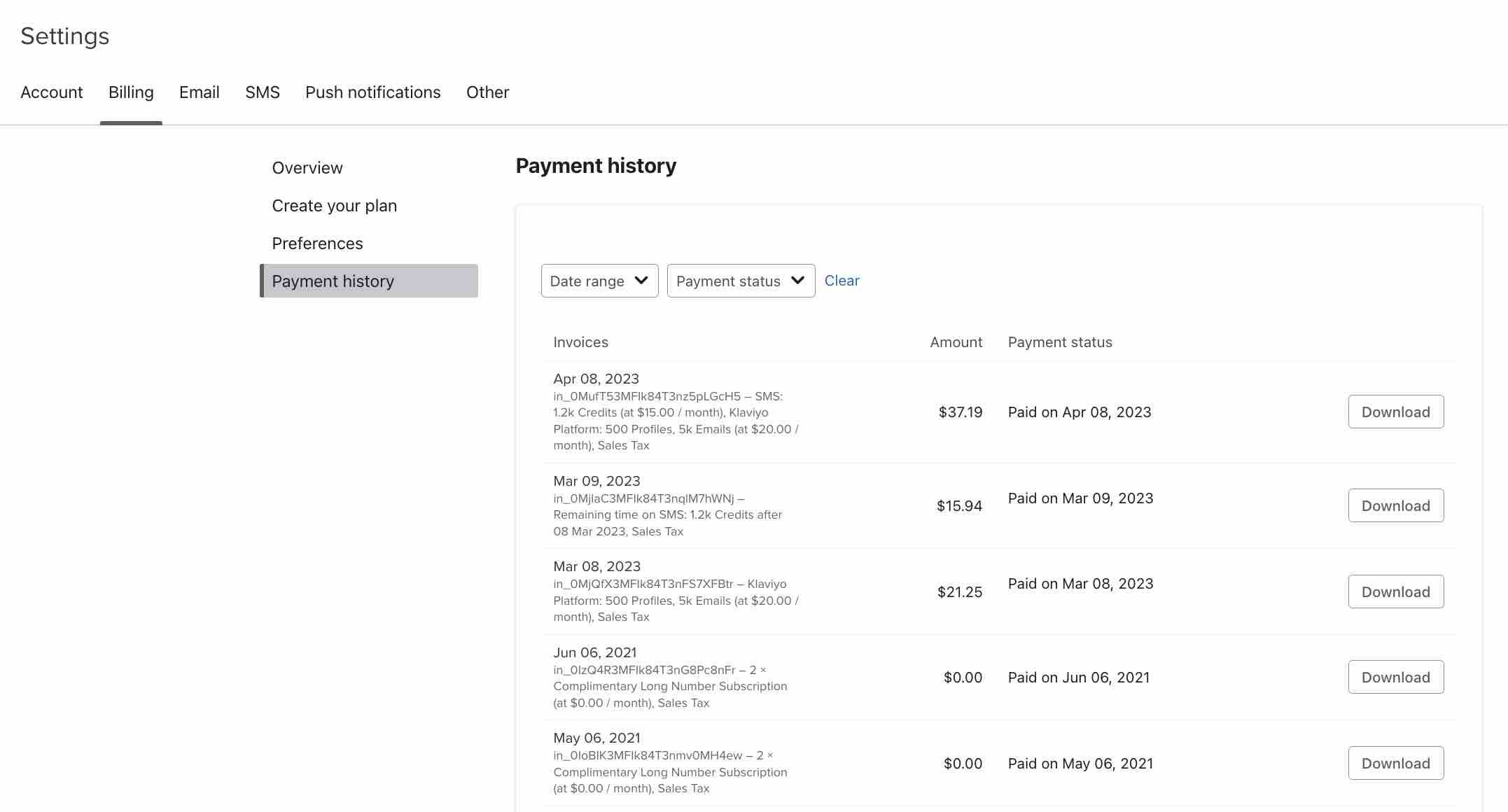 Payment history tab, where you can view your invoices