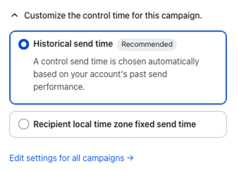 UI for campaign send time customization, with 'Historical send time (Recommended)' selected.