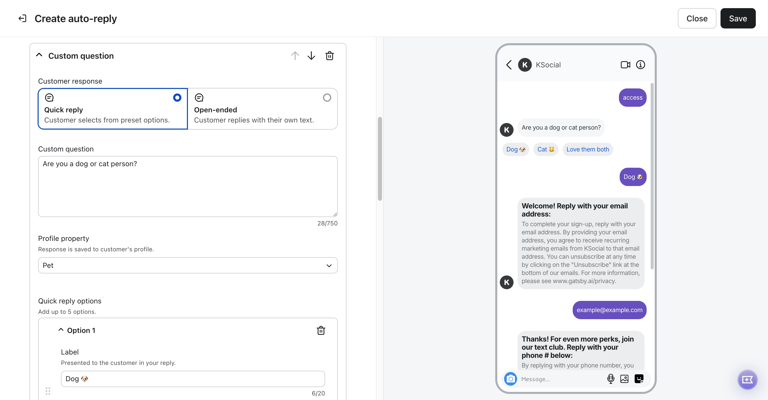 Software interface for creating an auto-reply custom question with a "dog or cat person" question and quick reply options, displayed next to a mobile chat preview of the auto-reply in action.