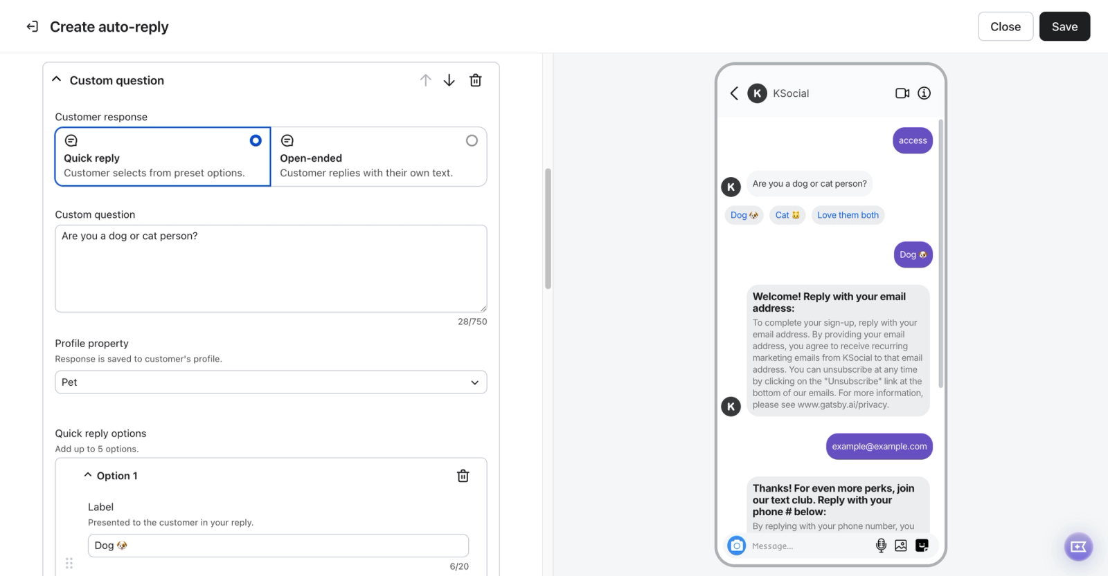 Software interface for creating an auto-reply custom question with a "dog or cat person" question and quick reply options, displayed next to a mobile chat preview of the auto-reply in action.