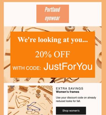 An example email template displaying a static coupon written in large, eye-catching font.