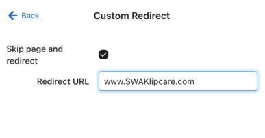 The Custom Redirect menu with the box checked to skip page and redirect and an example URL pasted in the Redirect URL box.