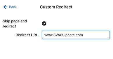 The Custom Redirect menu with the box checked to skip page and redirect and an example URL pasted in the Redirect URL box.