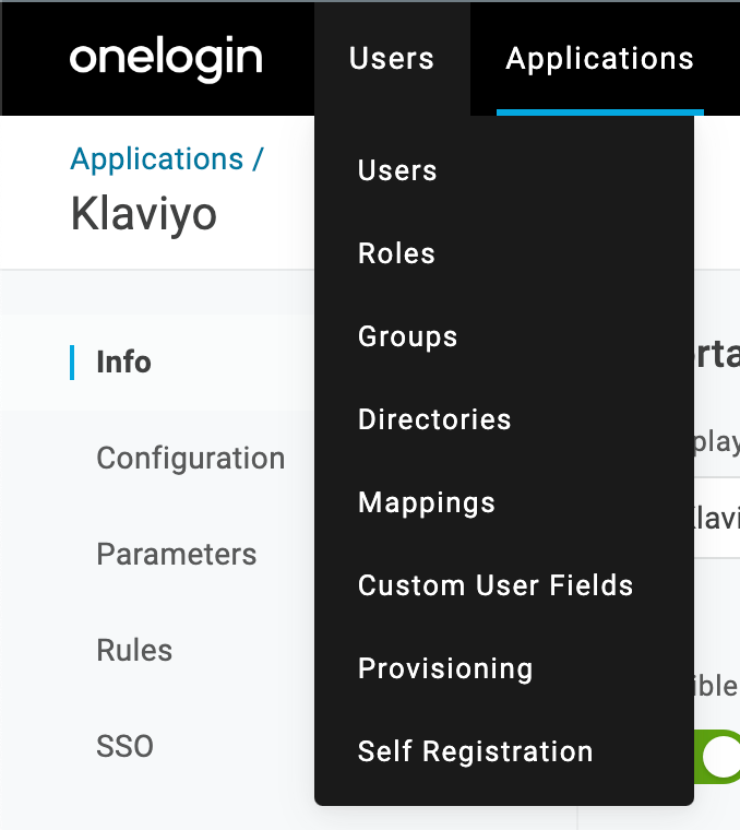 Users menu dropdown