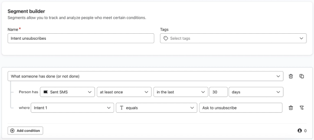Example of a segment for everyone unsubscribed based on intent