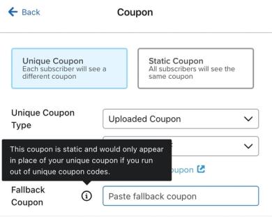 The fallback coupon message that appears after you configure a coupon for your sign-up form