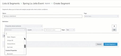 Klaviyo segment builder showing segment called Spring LaJolla Event