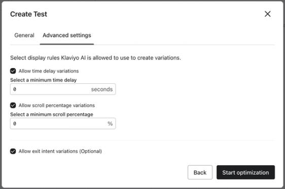 The Create Test modal showing the Advanced settings options where you can select the display rules that Klaviyo AI will use to create variations in an optimization test.