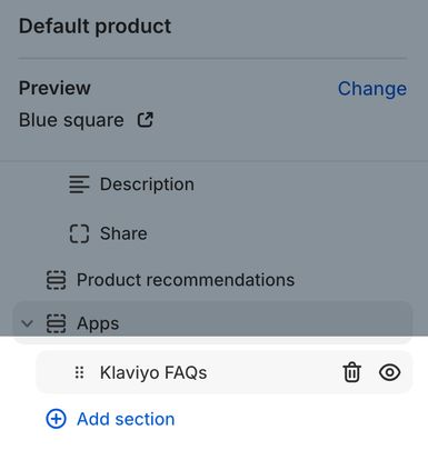 A default product template in Klaviyo showing the Klaviyo FAQs app added.