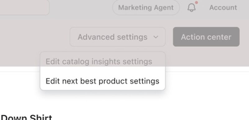 Um menu suspenso aberto mostrando a opção "Editar as configurações do próximo melhor produto".