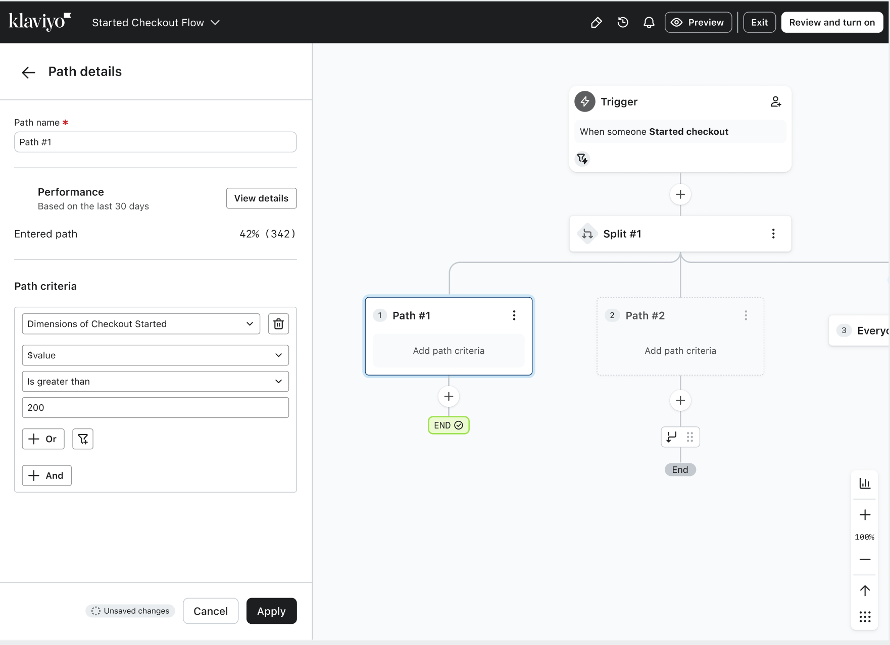 Klaviyo flow builder showing "Path #1" details for a started checkout, with criteria set for values greater than 200.