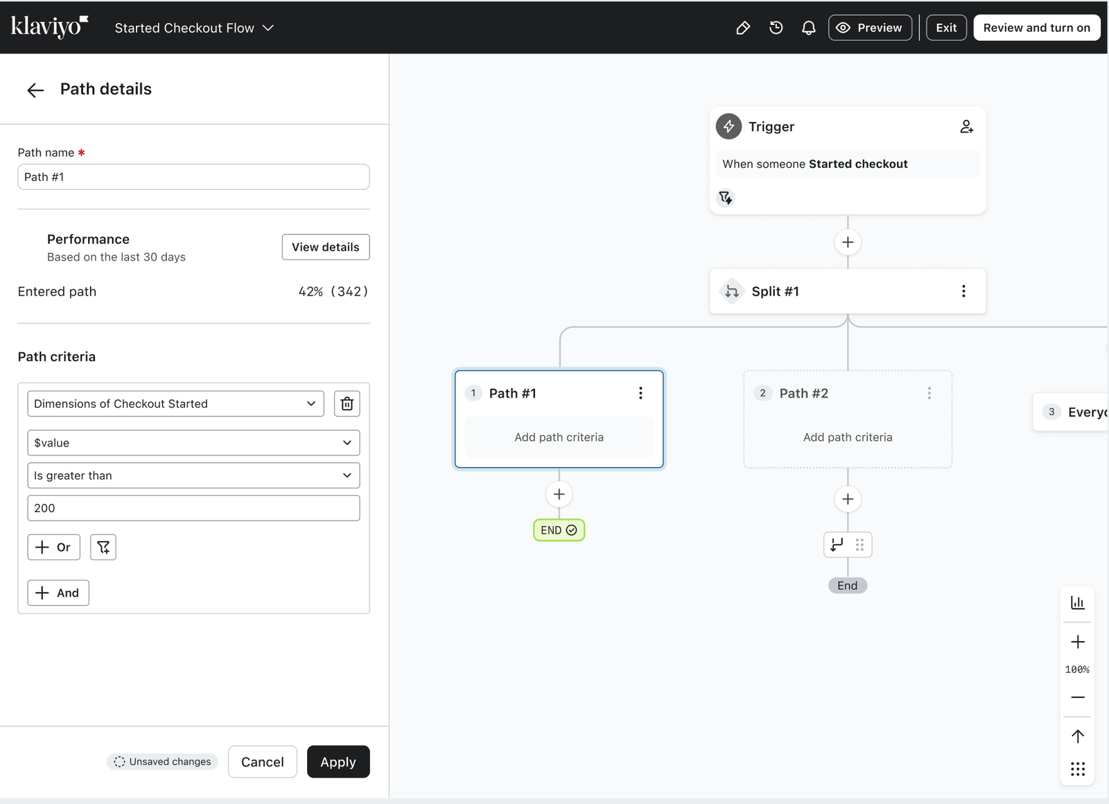 Klaviyo flow builder showing "Path #1" details for a started checkout, with criteria set for values greater than 200.