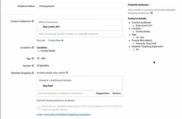 Facebook Audience builder with audience based on custom audience Dog Lovers 25+ with targeting settings selected