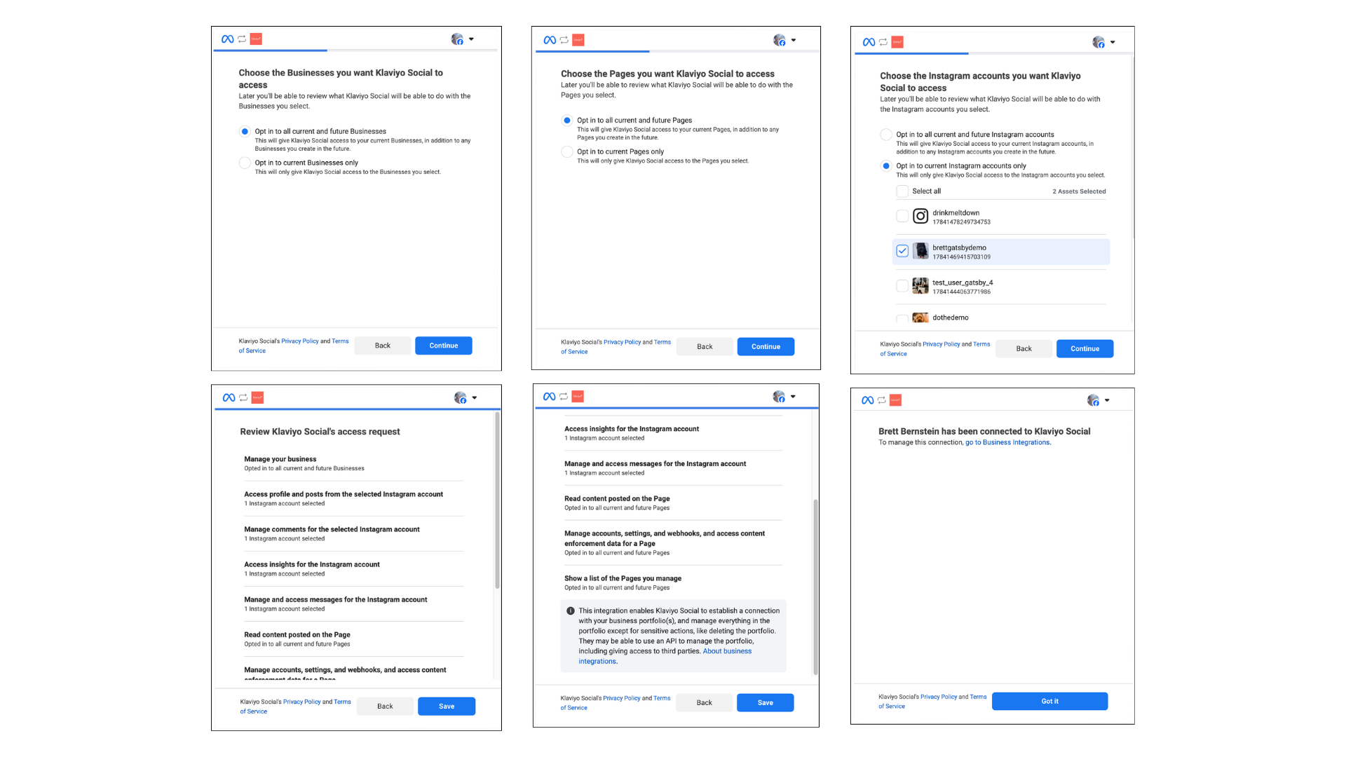 Sechs Screenshots, die den Integrationsprozess von Klaviyo Social mit Facebook- und Instagram-Konten veranschaulichen, einschließlich der Schritte zur Auswahl von Unternehmen, Seiten und Überprüfungsberechtigungen.