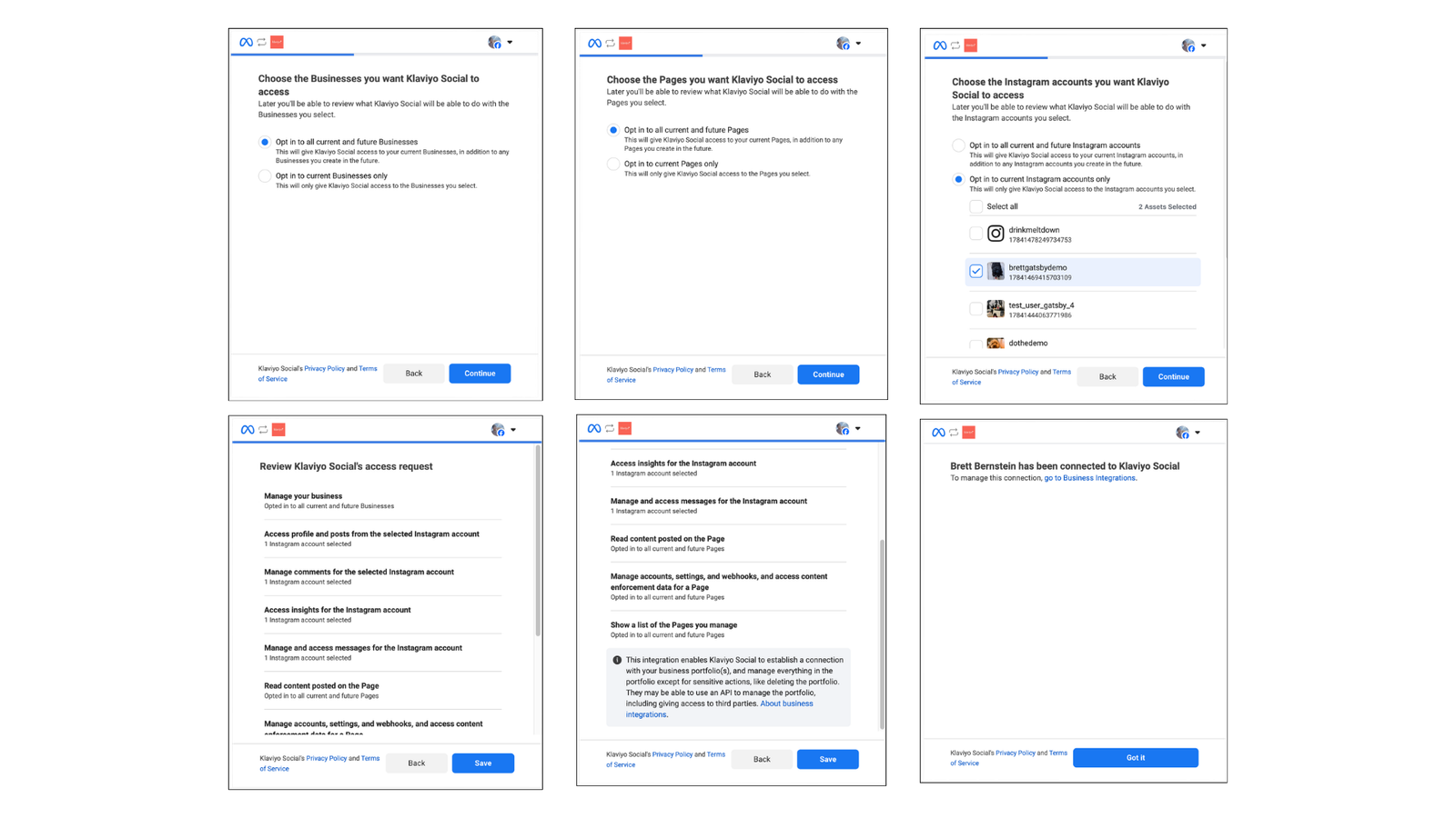 Sechs Screenshots, die den Integrationsprozess von Klaviyo Social mit Facebook- und Instagram-Konten veranschaulichen, einschließlich der Schritte zur Auswahl von Unternehmen, Seiten und Überprüfungsberechtigungen.