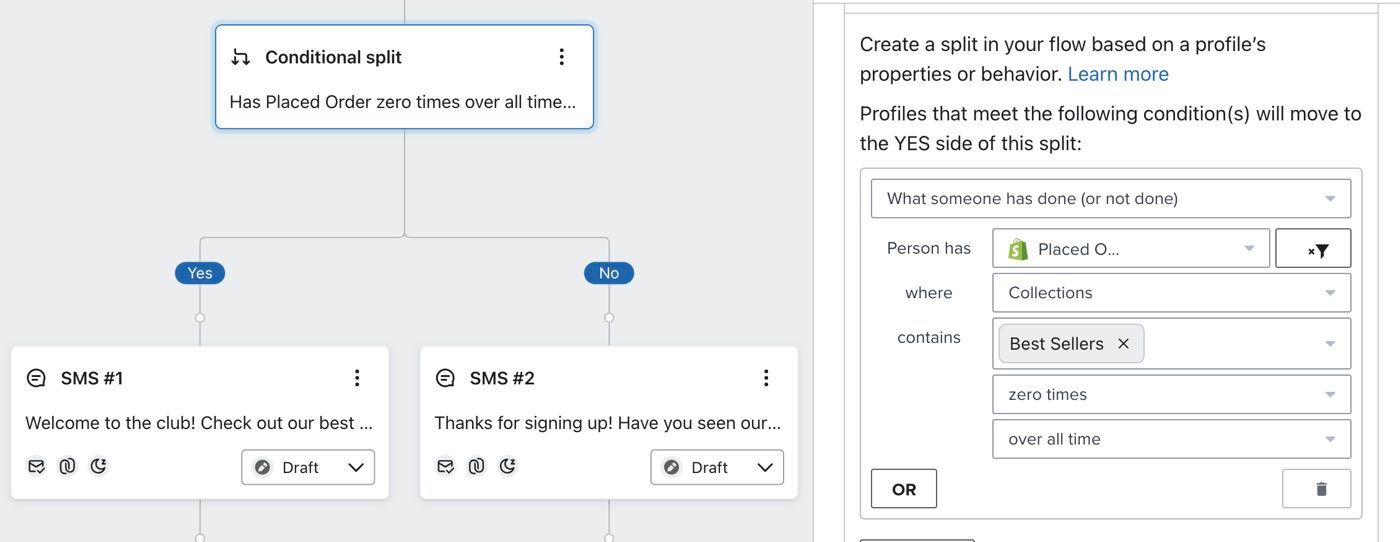 Example conditional split with configuration 'Has Placed Order zero times over all time where Collections contains Best Seller'