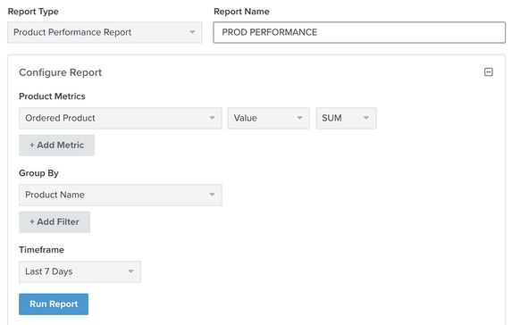 A product performance report example with the Run Report button below