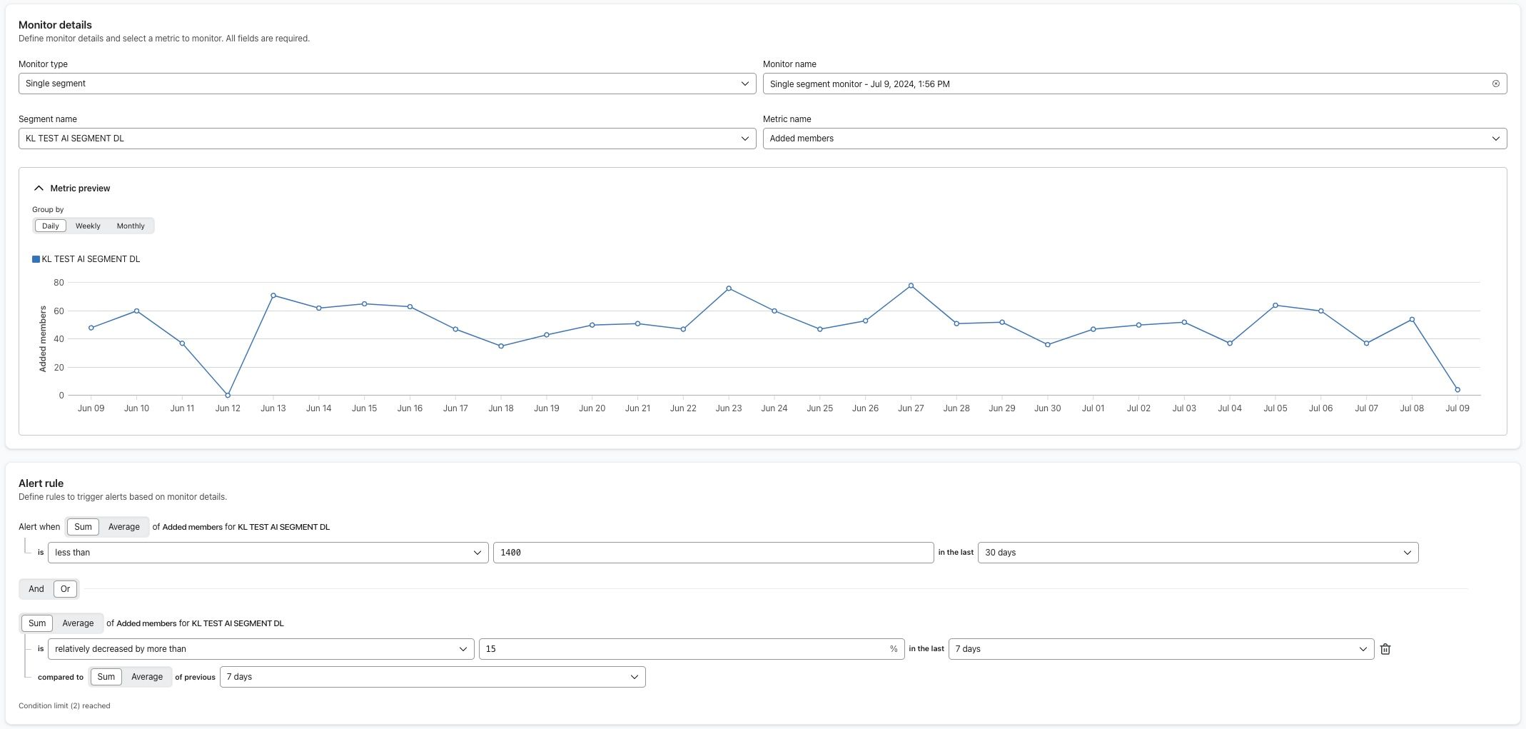 Example alert rule for monitoring segment growth