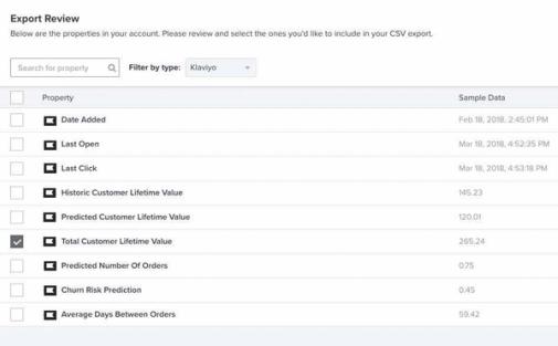 Export review page with properties list and Total Customer Lifetime Value checked