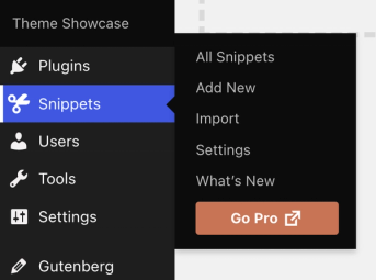The Snippets option in the Wordpress sidebar