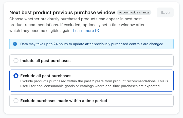 Painel de configurações de recomendação de produtos com a opção "Excluir todas as compras anteriores" selecionada, impedindo que itens comprados nos últimos 2 anos sejam recomendados.