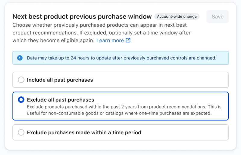 Painel de configurações de recomendação de produtos com a opção "Excluir todas as compras anteriores" selecionada, impedindo que itens comprados nos últimos 2 anos sejam recomendados.