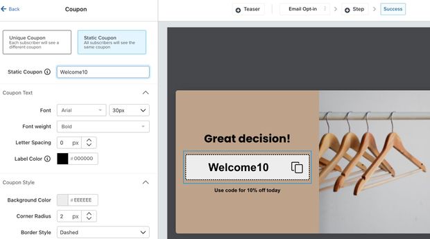 The Coupon menu in the sign-up form builder showing a static coupon selected and its name typed into the textbox