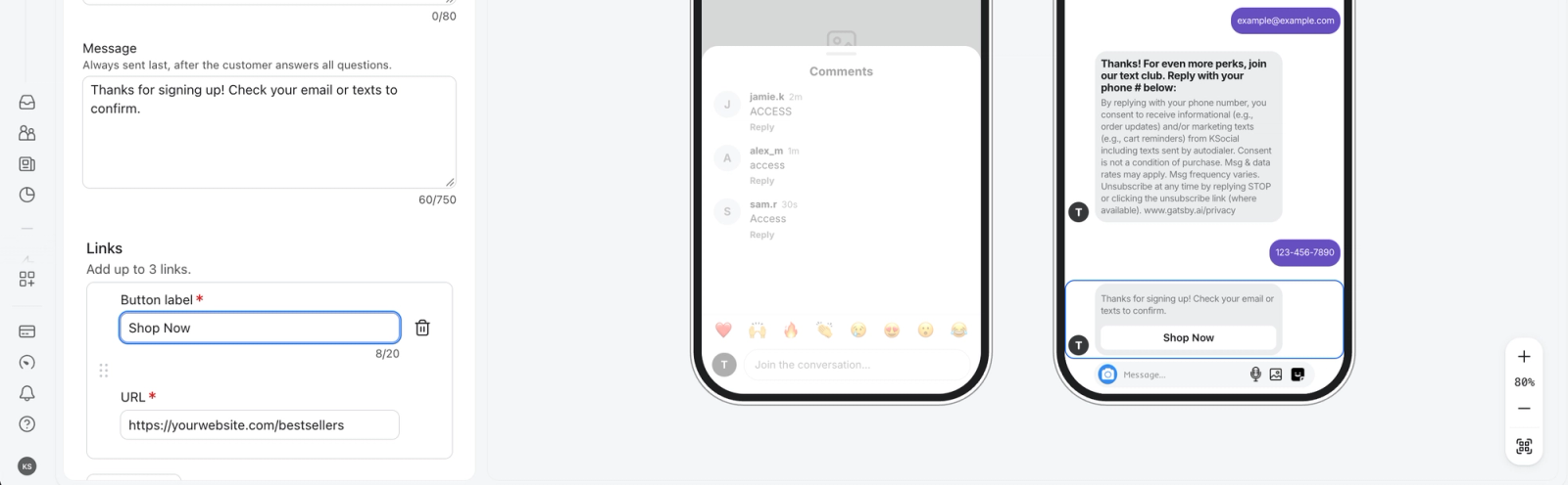 A UI for composing an automated message with a "Shop Now" button, shown alongside a smartphone preview of the message.