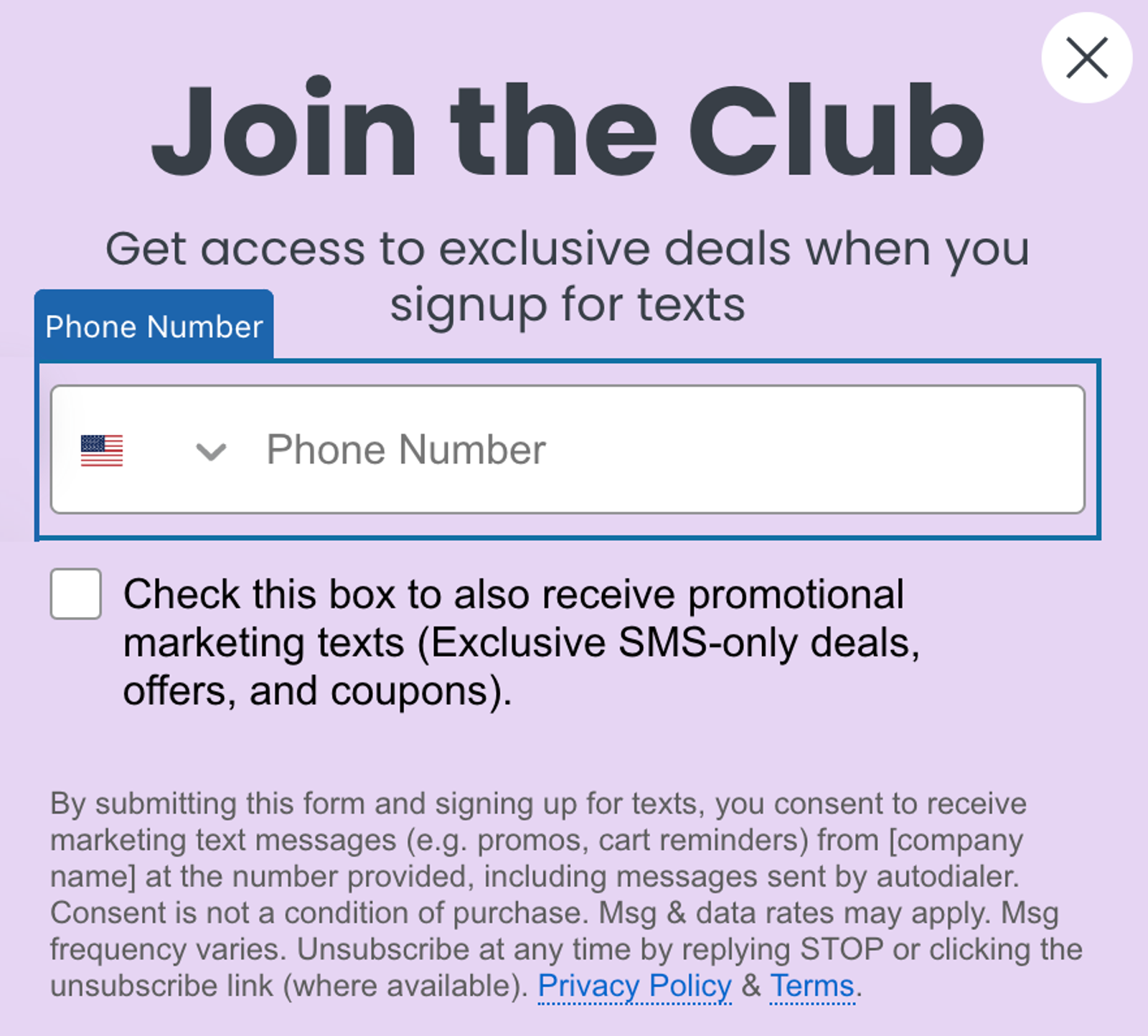 Modulo a passaggio singolo con consenso SMS sia transazionale sia promozionale