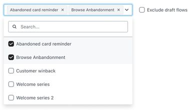All flows dropdown menu with Abandoned Cart Reminder and Browse Abandonment checked from list