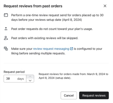 Collect reviews from past orders settings
