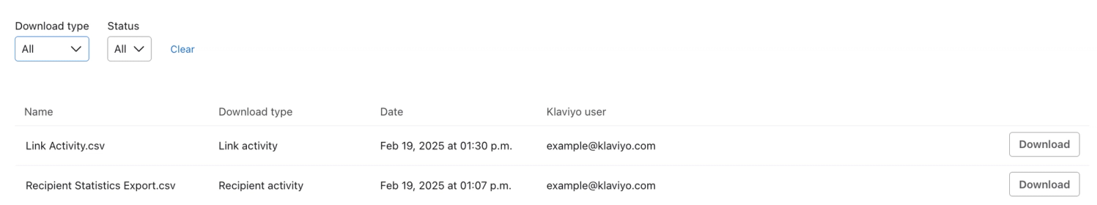 Recent exports in Klaviyo