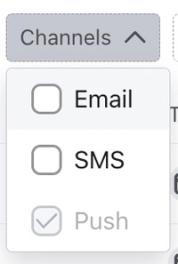 Channels filter dropdown with Email, SMS, and Push notification options