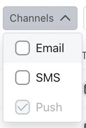 Channels filter dropdown with Email, SMS, and Push notification options