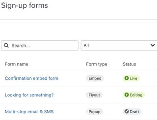 The sign-up forms tab showing the Status column for three example live, editing, and draft forms.