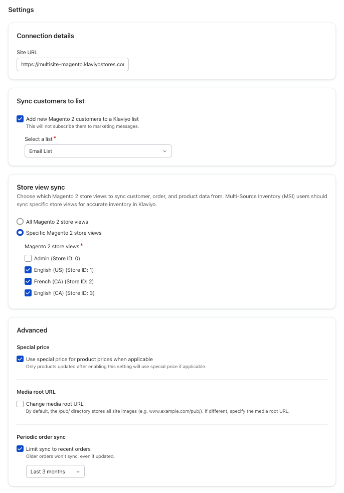 Magento 2 and Klaviyo integration settings page with options for data sync, store views, and advanced features.