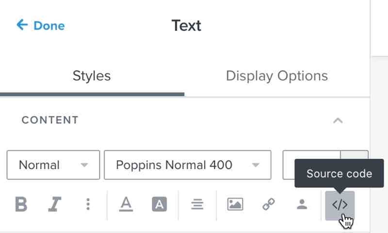 The source code button in Klaviyo's email template editor