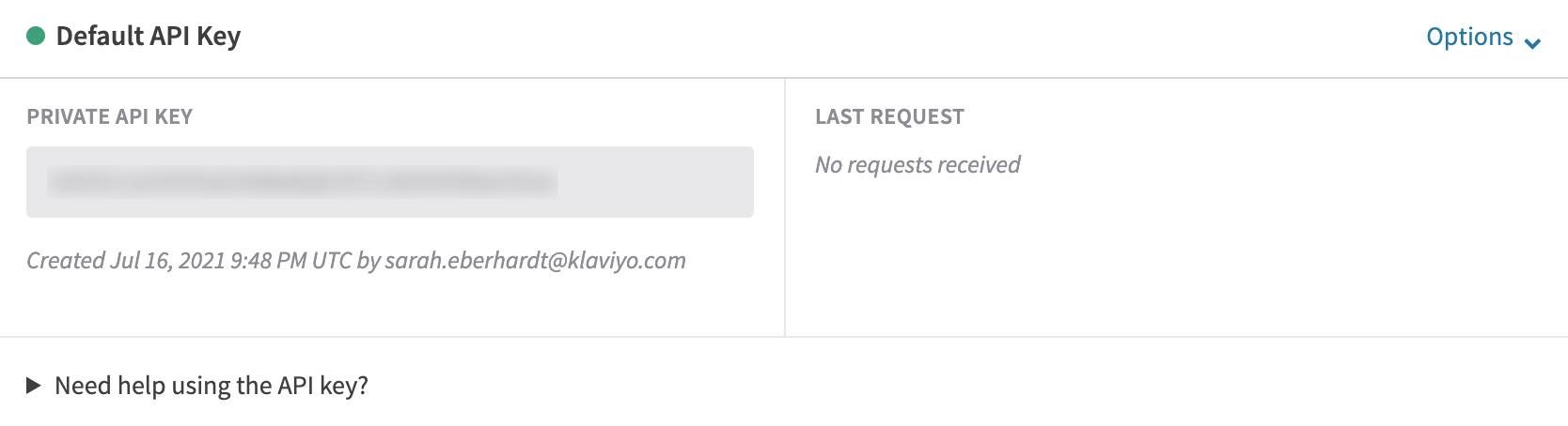 Default API Key section in Recurly with private API key blurred out