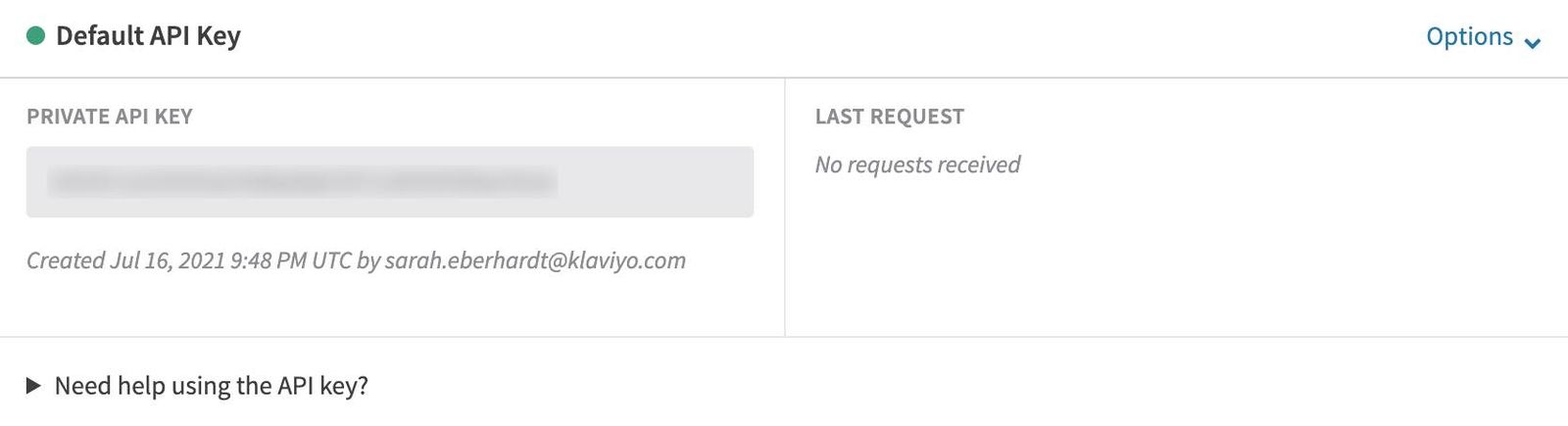 Default API Key section in Recurly with private API key blurred out