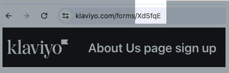 The Form Id highlighted in the form editor URL for an example sign-up form.