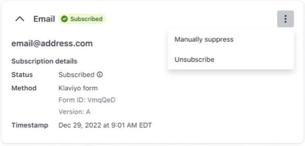 Options to suppress or unsubcribe currently subscribed profile