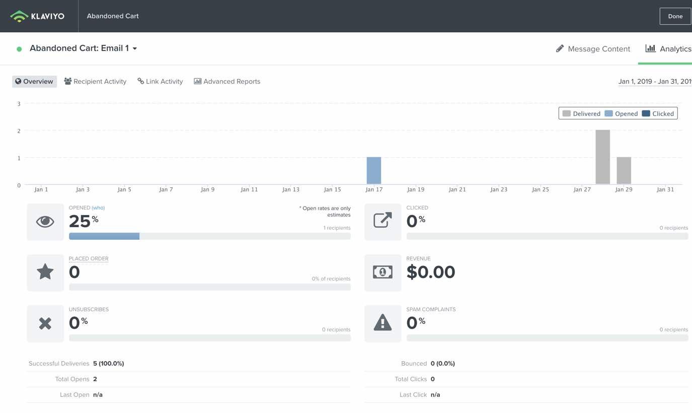Het overzicht dashboard van de Bekijk alle analyses van winkelwagen verlaten: Email 1