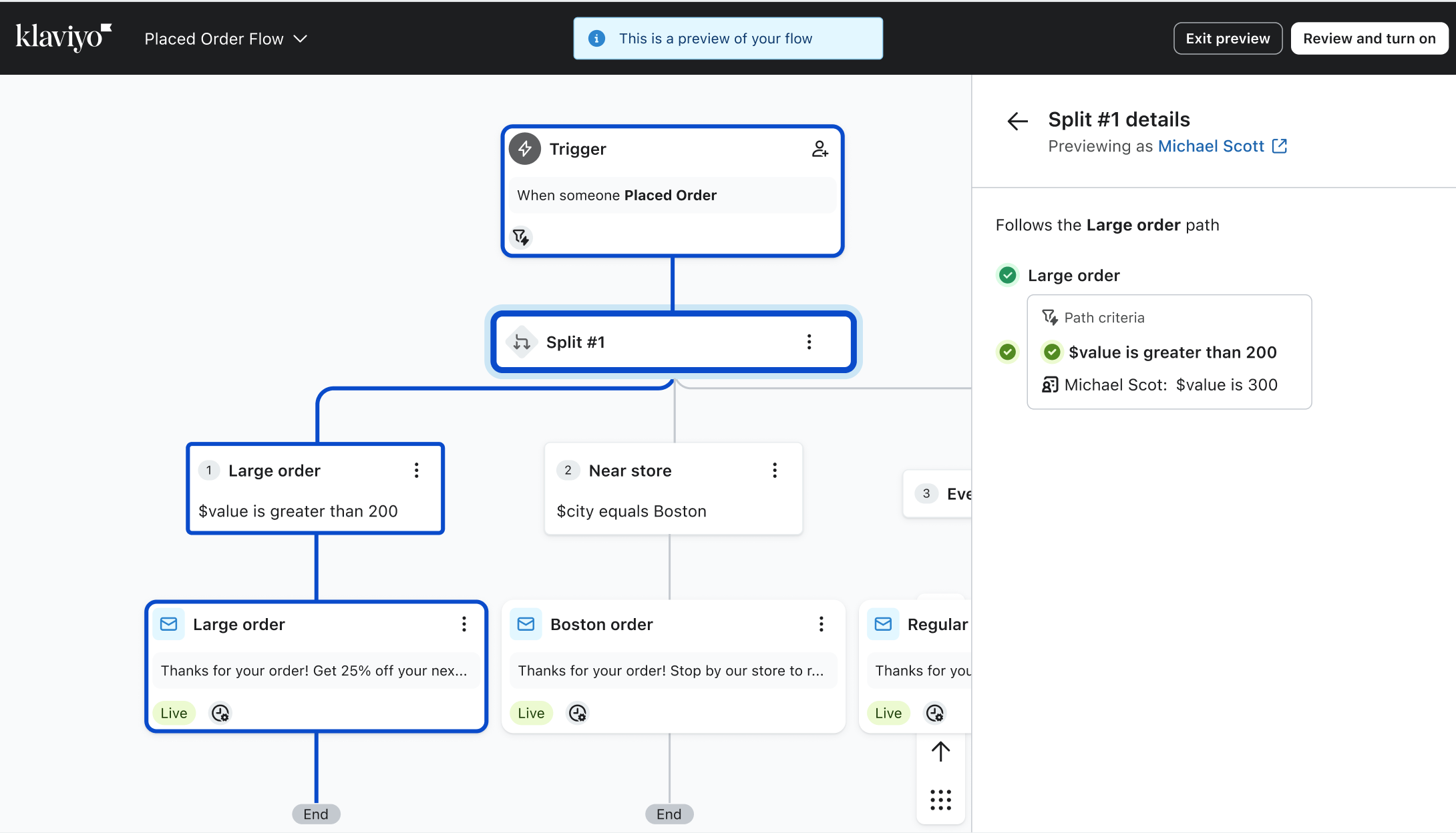 A Klaviyo "Placed Order" flow chart with a split condition, showing the "Large order" path being followed during a $300 order preview.
