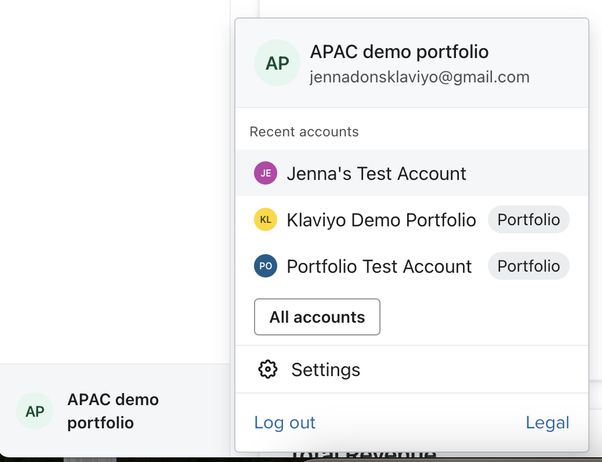 Navigation menu for an example multi-account showing each account's name and assigned colors.