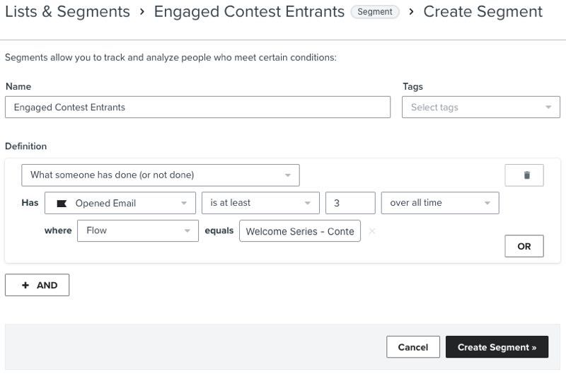 Example configuration for an engaged contest entrants segment.